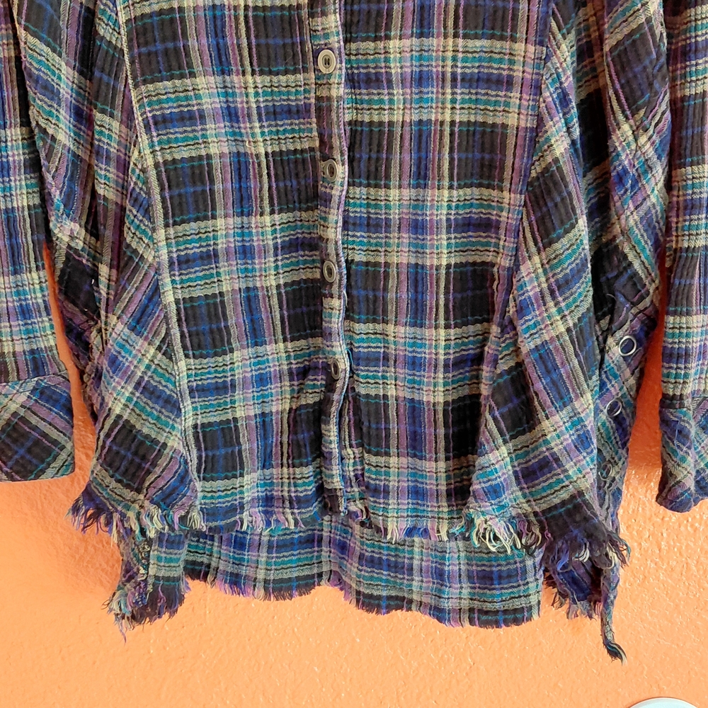 Free People Navy and Green Plaid Button-Down Shirt - Picture 5 of 16